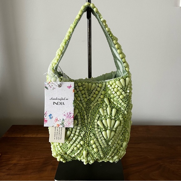 Made in India Beaded Bucket Style Lime Green Handbag - Picture 1 of 14